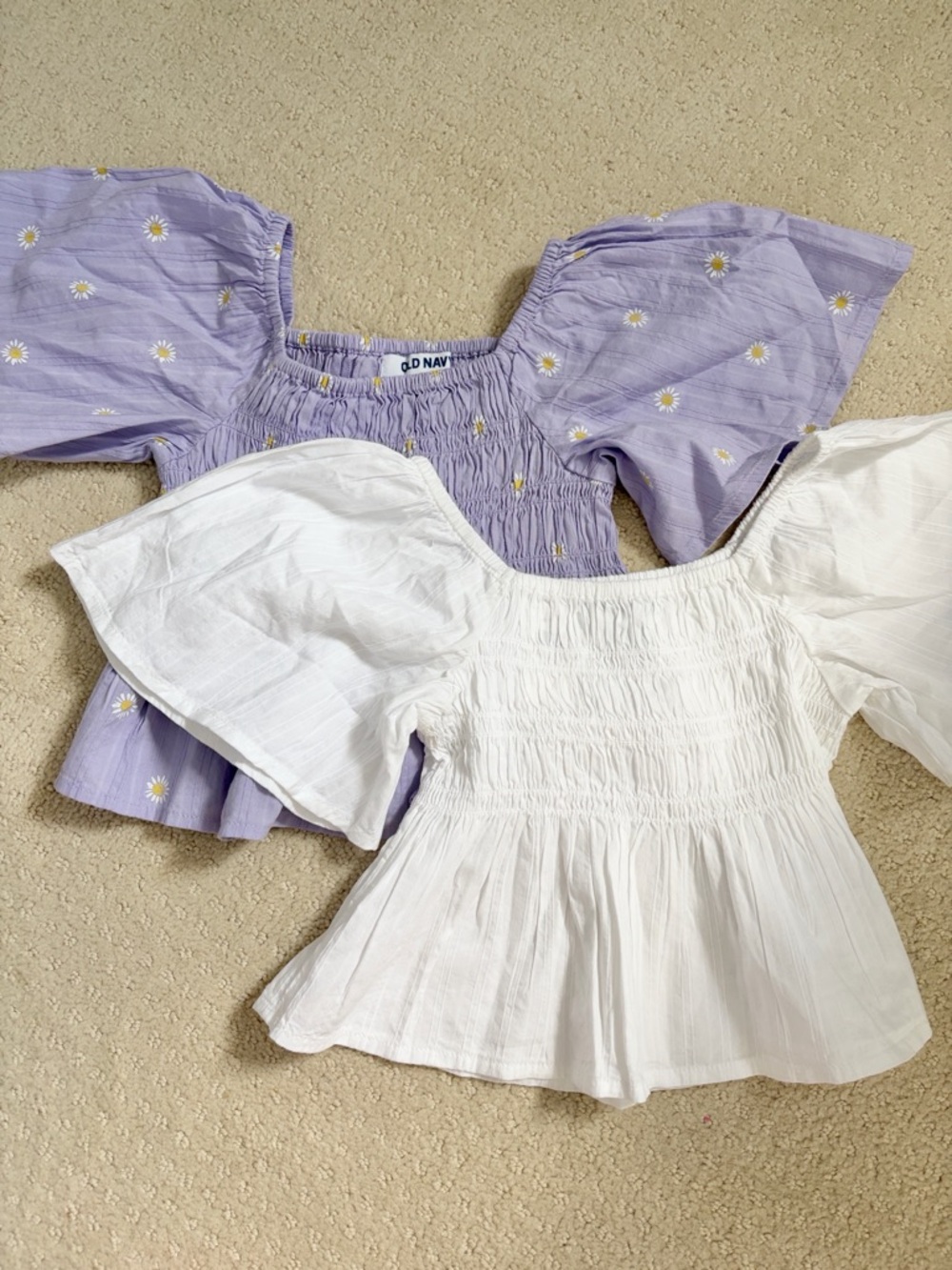 (2) Old Navy Girls' White and Lavender Daisy Smocked Flutter Sleeve Tops